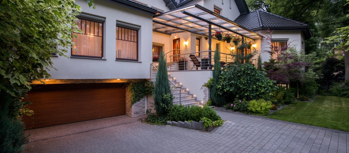 Exterior of luxury residence with cozy terrace